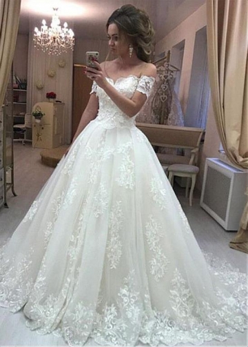 Attractive Tulle Off-the-shoulder Neckline Ball Gown Wedding Dress With Lace Appliques & Beadings