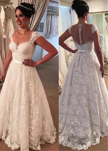 Gorgeous Tulle & Lace Jewel Neckline A-line Wedding Dress With Lace Appliques & Beadings & Belt