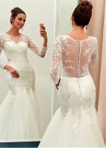 Chic Tulle Jewel Neckline Mermaid Wedding Dress With Beaded Lace Appliques