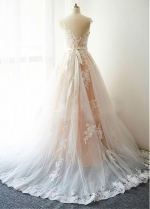 Gorgeous Tulle Sheer Jewel Neckline A-Line Wedding Dress With Beaded Lace Appliques & Belt
