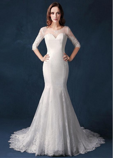Wonderful Lace Scoop Neckline Natural Waistline Mermaid Wedding Dress