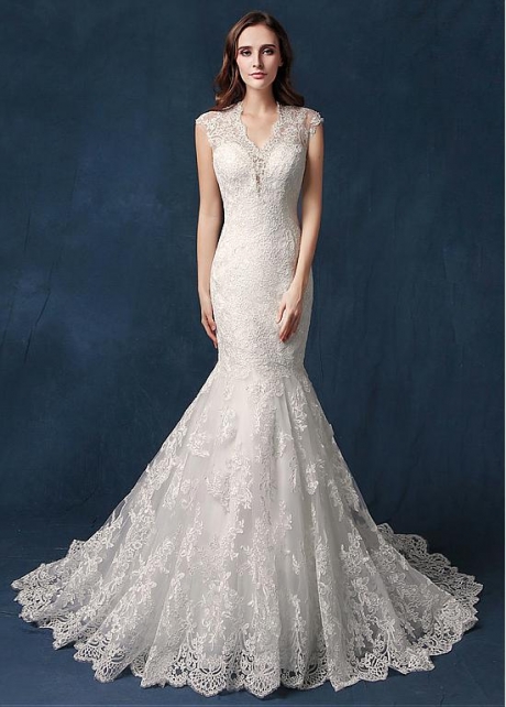 Gorgeous Tulle V-neck Neckline Cut-out Back Mermaid Wedding Dress With Beadings & Lace Appliques