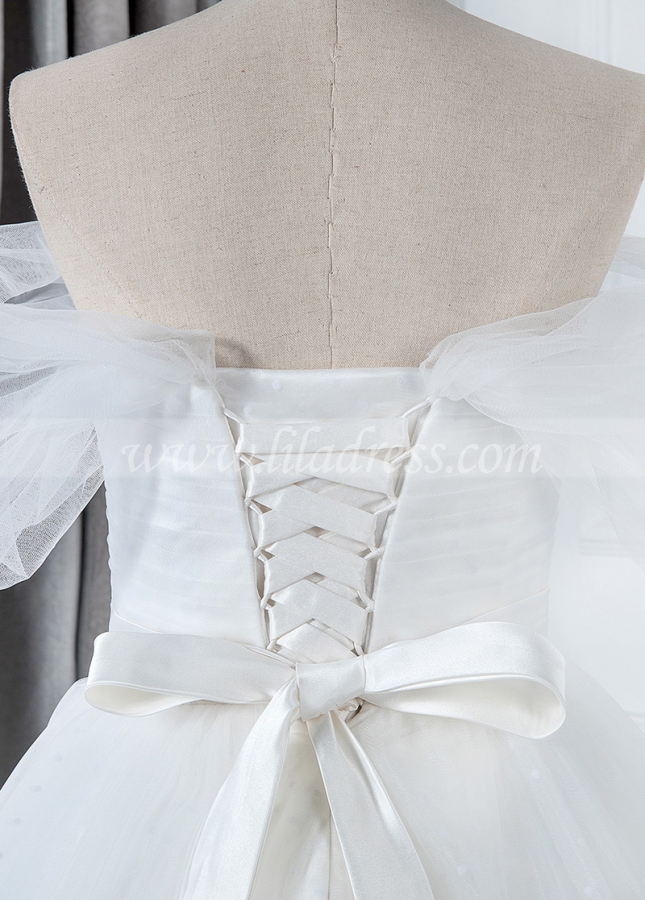Marvelous Tulle Off-the-shoulder Neckline A-line Wedding Dress With Lace Appliques & Belt