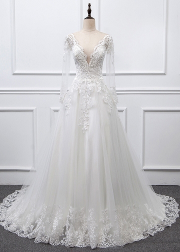 Graceful Tulle Sheer Jewel Neckline A-line Wedding Dress With Lace Appliques