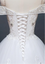 Gorgeous Tulle Off-the-Shoulder Neckline Ball Gown Wedding Dress With Lace Appliques & Beadings