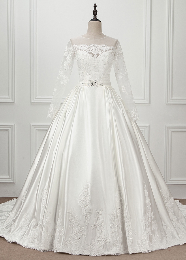 Modest Tulle & Satin Jewel Neckline Ball Gown Wedding Dress With Lace Appliques & Belt & Beadings