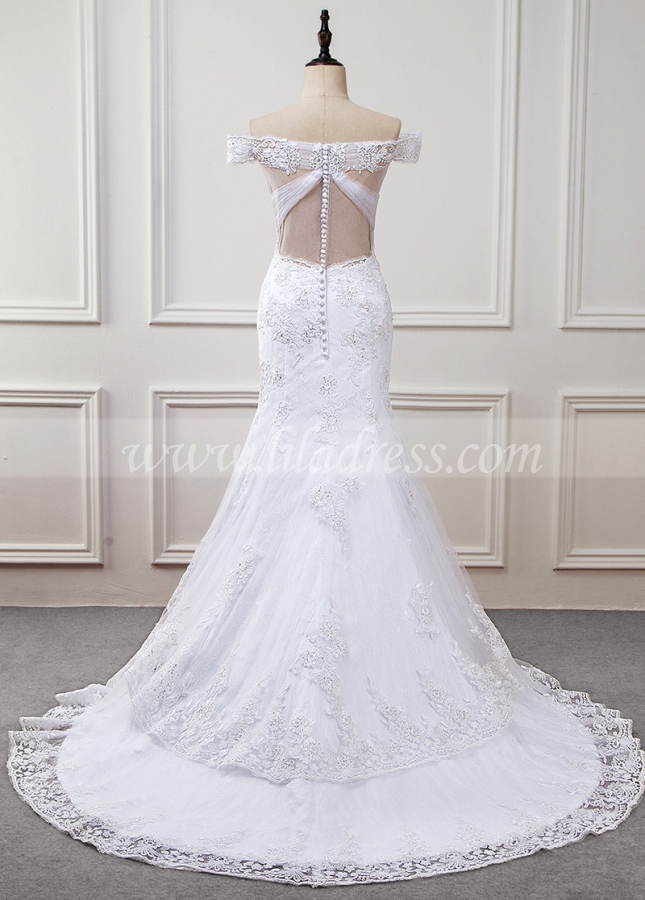 Romantic Tulle & Lace Off-the-shoulder Neckline Mermaid Wedding Dress With Beaded Lace Appliques