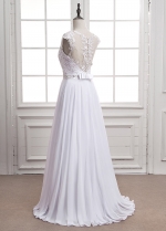 Modest Tulle & Chiffon Jewel Neckline A-line Wedding Dress With Lace Appliques & Belt & Beadings