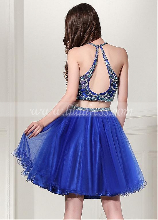 Chic Tulle Halter Neckline Cut-out Back Two Piece Short Ball Gown Homecoming Dresses With Beadings