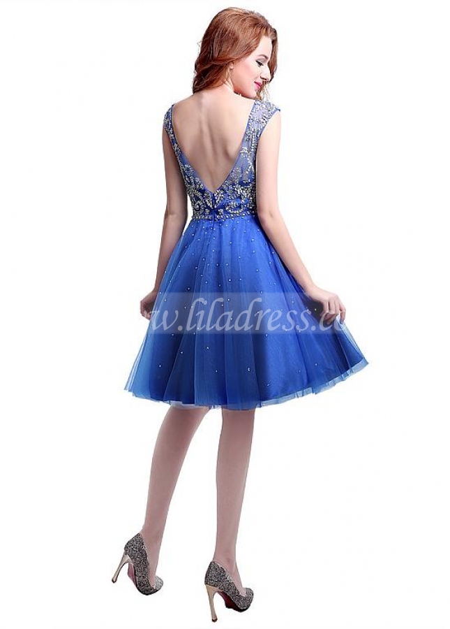 Delicate Tulle Scoop Neckline Knee-length A-line Homecoming Dresses With Beadings