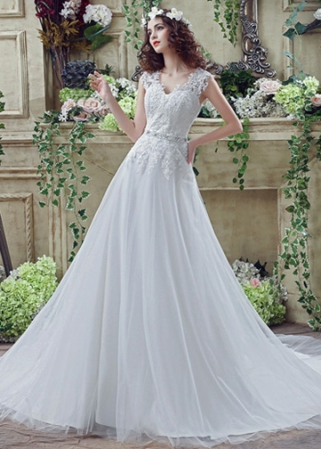 Elegant Tulle V-Neck A-line Wedding Dresses With Lace Appliques