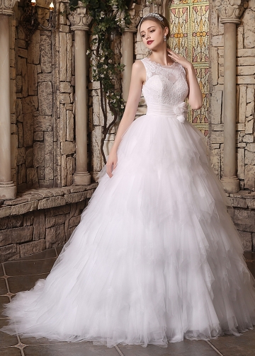 Amazing Lace & Tulle Bateau Neckline Ruffled A-line Wedding Dresses