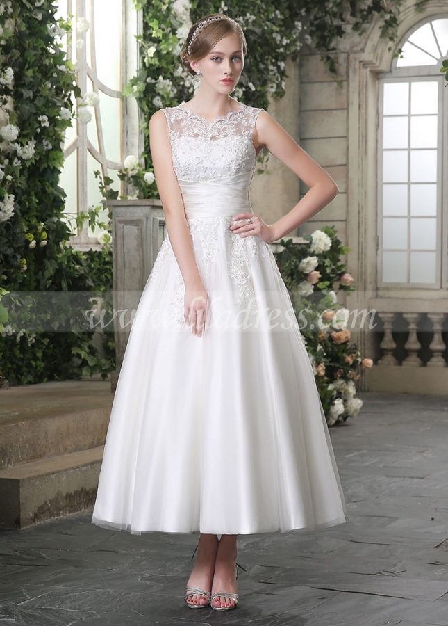 Elegant Tulle Bateau Neckline Ankle-length A-line Wedding Dresses