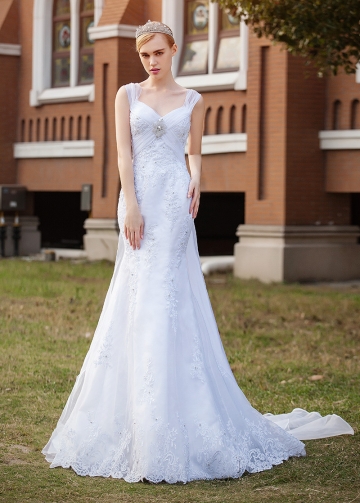 Elegant Organza V-neck Neckline Mermaid Wedding Dresses With Lace Appliques