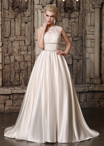 Gorgeous Satin Jewel Neckline A-line Wedding Dresses with Beadings & Rhinestones
