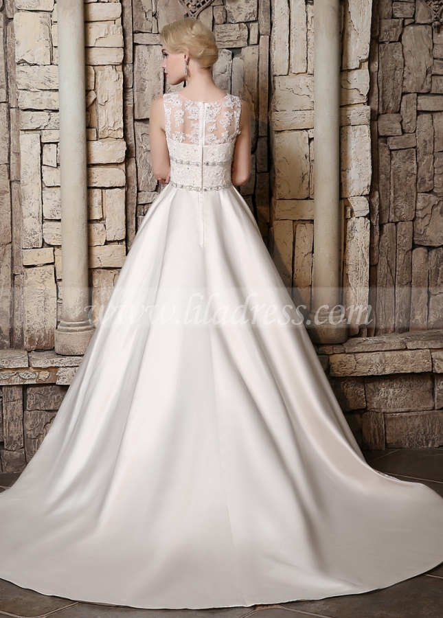 Gorgeous Satin Jewel Neckline A-line Wedding Dresses with Beadings & Rhinestones