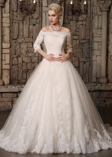 Fabulous Tulle Off-the-Shoulder Neckline Ball Gown Wedding Dresses with Lace Appliques
