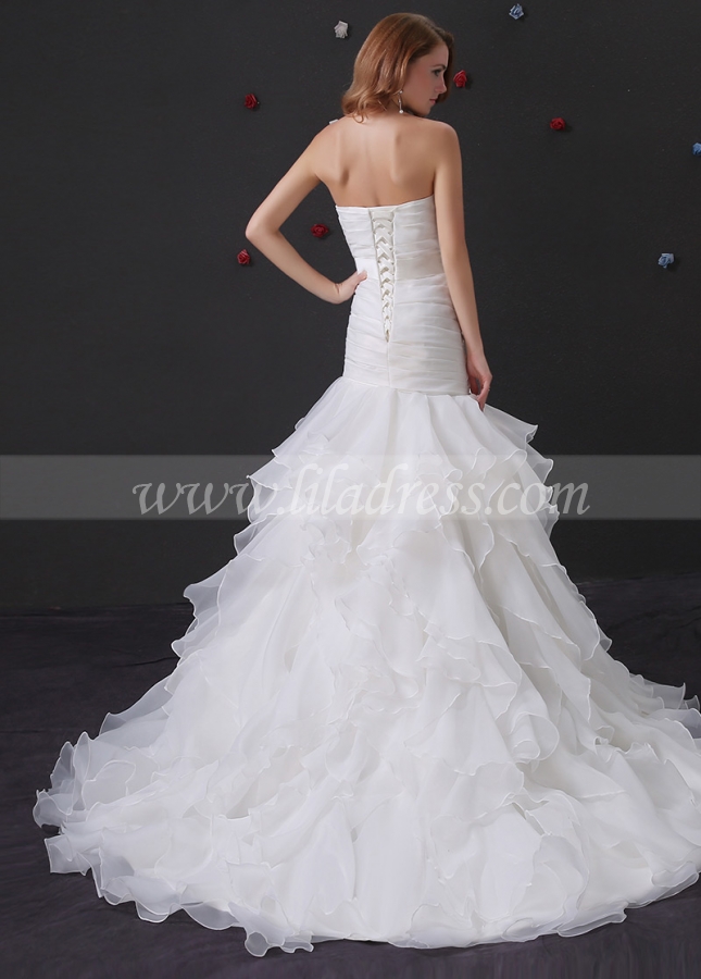 Glamorous Organza Satin Mermaid Wedding Dress With Beaded Lace Appliques