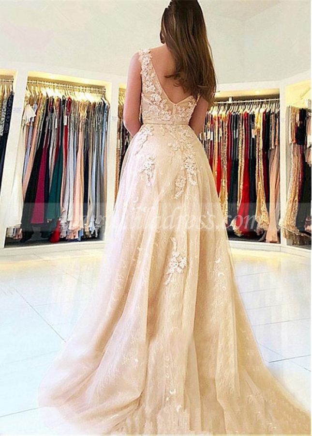 Modest Tulle V-neck Neckline Floor-length A-line Prom Dresses With Lace Appliques & Beadings & Belt