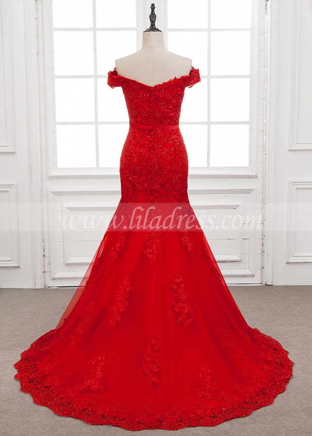 Fabulous Tulle Off-the-shoulder Neckline Mermaid Formal Dress With Beaded Lace Appliques