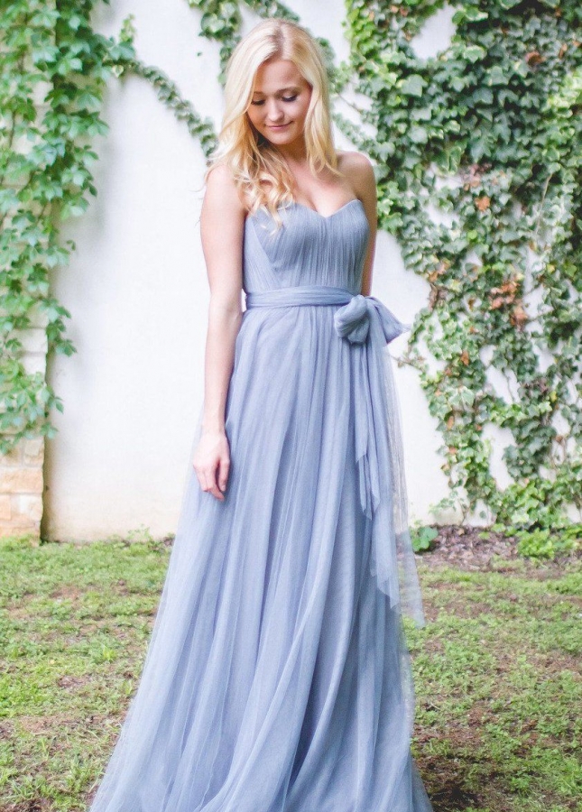 Dusty Blue Long Backless Bridesmaid Gown with Tulle Sash