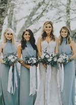 Dusty Blue Chiffon Bridesmaid Dresses with Halter Neckline
