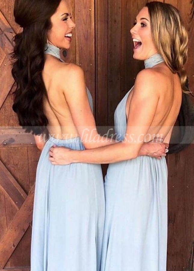 Dusty Blue Chiffon Bridesmaid Dresses with Halter Neckline