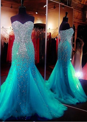 Sparkly Blue Tulle Sweetheart Neckline Mermaid Evening Dresses