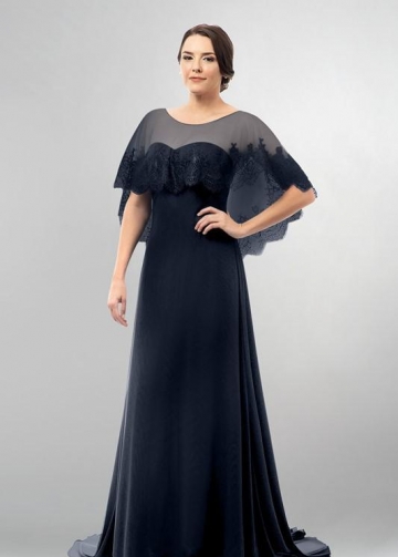 Dark Navy Mothers Wedding Party Dresses with Lace Cape