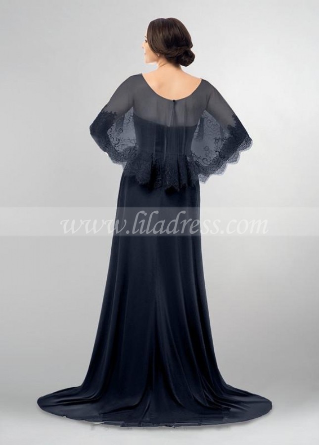 Dark Navy Mothers Wedding Party Dresses with Lace Cape