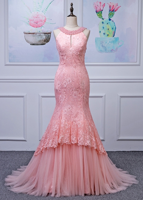 Alluring Tulle Jewel Neckline Mermaid Evening Dresses With Lace Appliques & Beadings