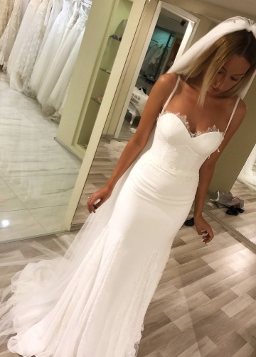 Double Straps Ivory Chiffon Wedding Gown with Lace Piece Skirt