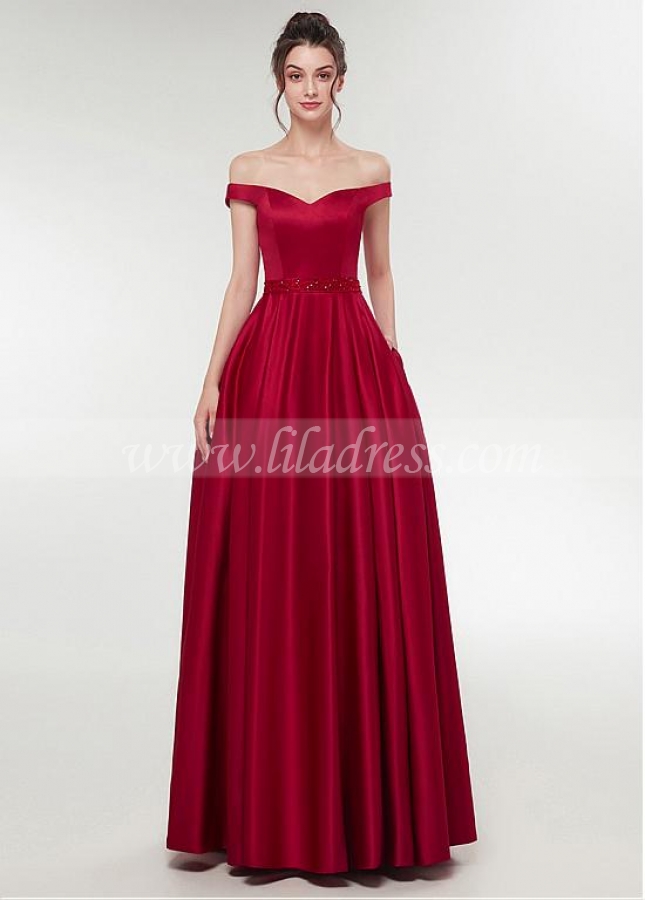 Graceful Satin Off-the-shoulder Neckline A-line Prom Dress With Beadings