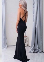 Draped V-neckline Mermaid Black Simple Prom Gown with X-back