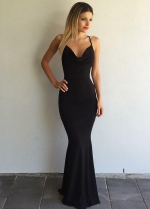 Draped V-neckline Mermaid Black Simple Prom Gown with X-back