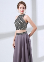 Fashion Chiffon High Collar Neckline Cut-out Two-piece A-line Evening Dress With Beadings