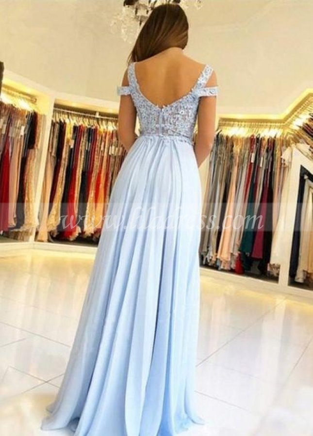 Draped Off-the-shoulder Lace Prom Dresses with Chiffon Skirt
