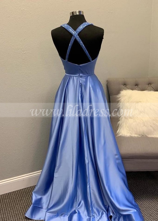 Deep Neckline Satin Prom Gowns with Beaded X Back