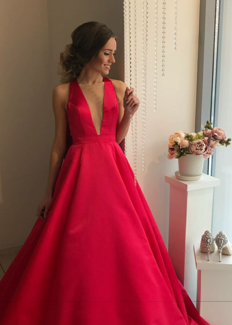 Deep V Neck Red Prom Dresses Satin Skirt vestido de formatura