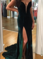 Dark Green Velvet Prom Gown Plunging V Neckline vestido de formatura