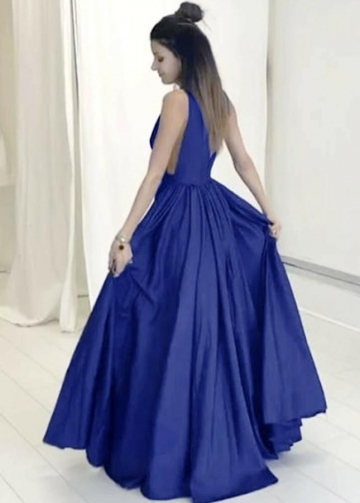 Deep V-neck A-line Royal Blue Long Prom Gowns