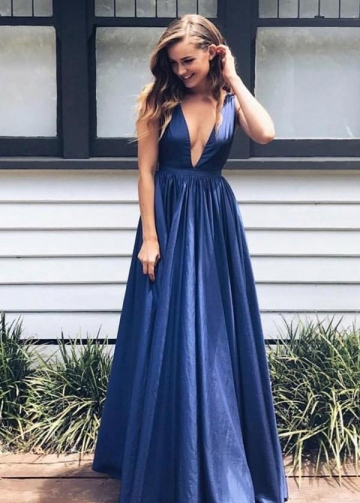 Deep V-neck A-line Royal Blue Long Prom Gowns