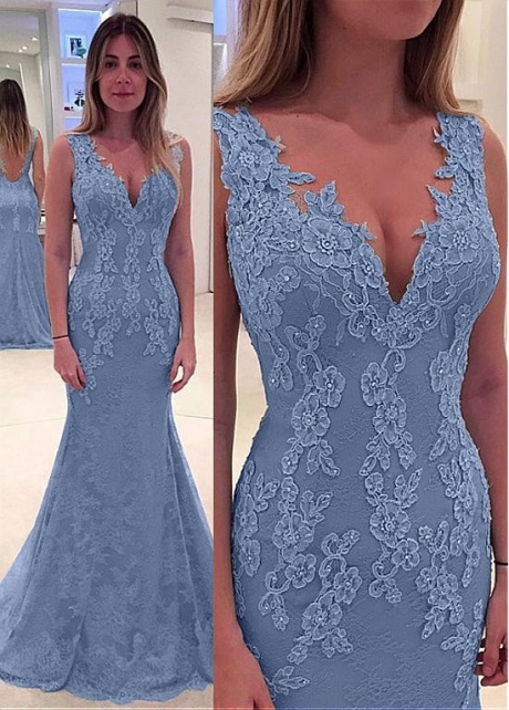 Lace V-cut Neckline Mermaid Prom Dress With Beaded Lace Appliques