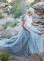 Dusty Blue Tulle Wedding Dress with Removable Lace Top