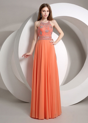 Elegant Chiffon Halter Neckline A-line Prom Dresses With Beadings & Rhinestones