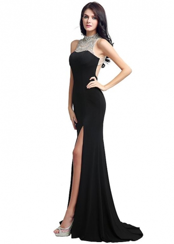 Amazing Black High Collar Cut-out Sheath Evening Dresses With Slit