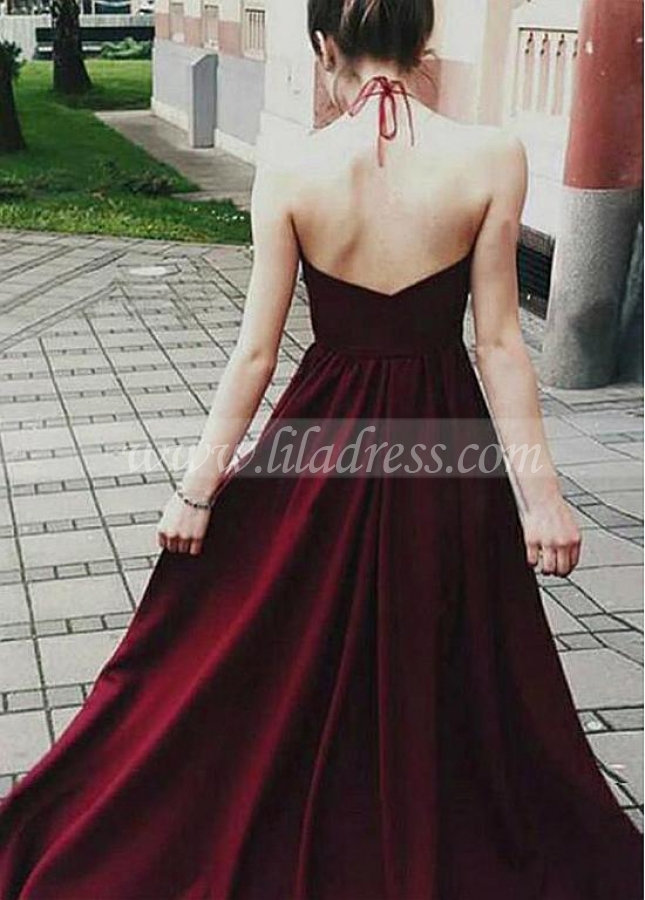 Fashionable Tulle & Satin Halter Neckline Floor-length A-line Evening Dresses With Lace Appliques