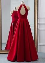 Brilliant Satin Jewel Neckline Floor-length A-line Prom Dresses With Beadings & Pockets