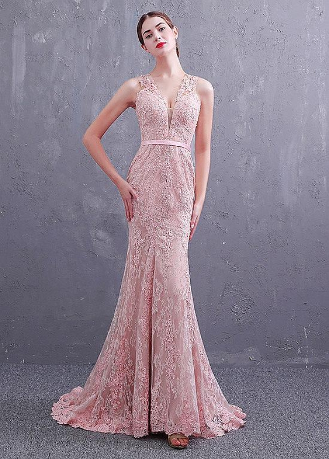 Fabulous Tulle & Lace V-neck Neckline Mermaid Prom/Evening Dresses With Lace Appliques & Beadings