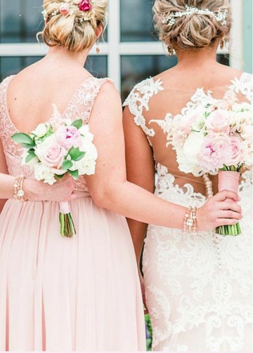Delicate Tulle & Chiffon Jewel Neckline Floor-length A-line Bridesmaid Dresses With Beaded Lace Appliques & Belt